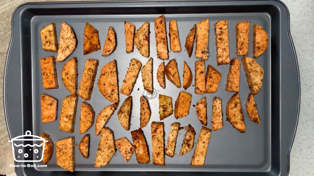 sweet potato strips onto a baking tray